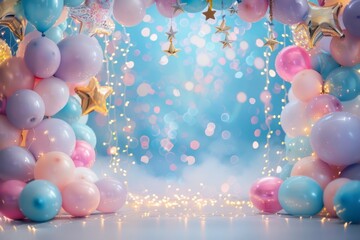 Aqua balloons filled with liquid hang from the ceiling in a room, creating a fun and colorful atmosphere with shades of pink, magenta, and petal. A unique art display using party supplies