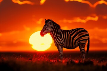 Fototapeta na wymiar : A zebra standing in front of a sunset with high contrast between the light and dark areas