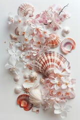 Seashells and Flowers Arrangement on White Surface