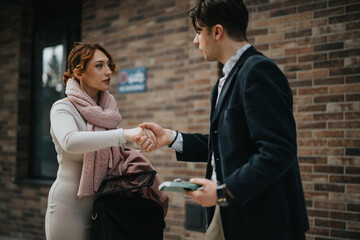 Two business associates greet each other with a handshake outside a modern office building