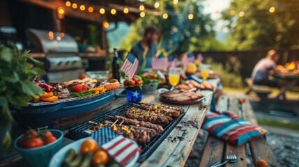 A backyard barbecue party celebrating the 4th of July, with friends and family enjoying grilled foods, American flags, and decorations in red, white, and blue