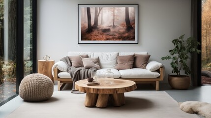 A living room with a large framed picture of a forest on the wall. The room is decorated with a white couch, a coffee table, and a potted plant. There are several books scattered around the room