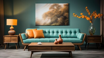 A living room with a blue couch, a coffee table, and a vase with orange flowers. The room has a modern and stylish feel, with a green wall and a yellow lamp. The couch is covered in pillows