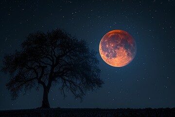Fototapeta na wymiar Red Moon Peeking Through Tree Branches