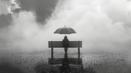  Person sitting on bench under umbrella in foggy sky - obrazy, fototapety, plakaty