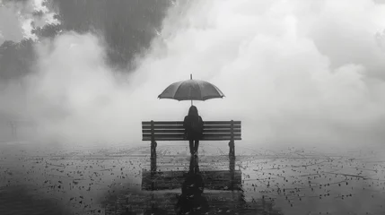 Fotobehang  Person sitting on bench under umbrella in foggy sky © Anna