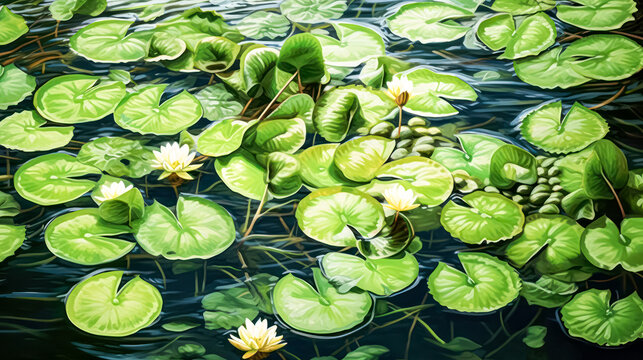 A painting of a pond with many lilies floating on the water. The painting is full of green and white colors, giving it a serene and peaceful mood