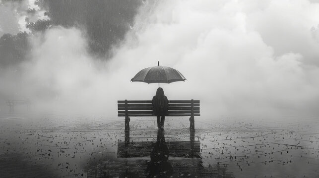 Person sitting on bench under umbrella in foggy sky