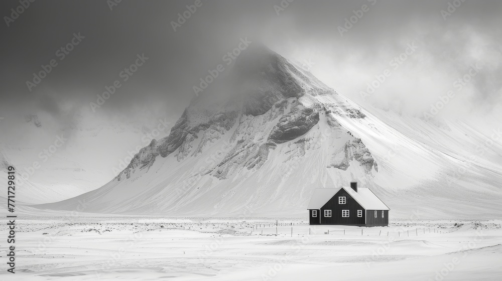 Poster  A B/W image of a house amidst a snowy field, framed by a towering mountain behind it