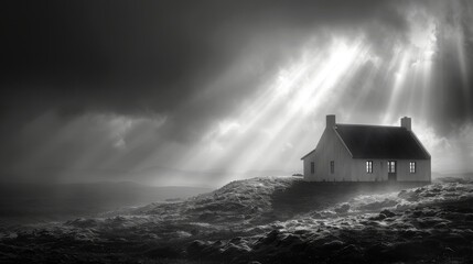  A monochrome image shows a house amidst a field under cloudy skies, with sunlight filtering through the clouds