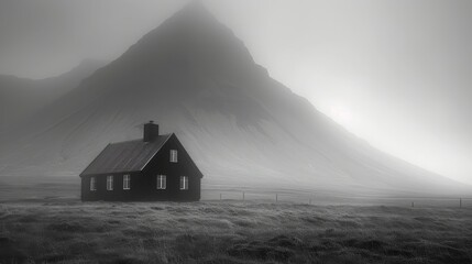  A monochrome image depicts a home amidst misty surroundings, framed by a distant mountain range - obrazy, fototapety, plakaty