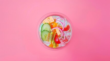  A round pink background contains various veggies in a transparent plastic container