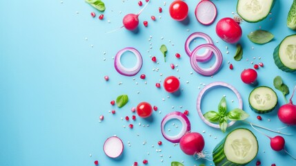  A table filled with vegetables such as cucumbers, radishes, and onions on a blue background - obrazy, fototapety, plakaty