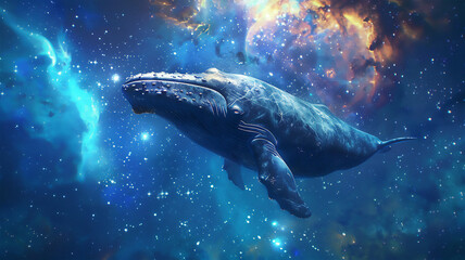 A large whale drifting in the vastness of space, surrounded by constellations, galaxies and bright multi-colored shimmers on a dark background. fantastic plot, a sense of fantasy. 