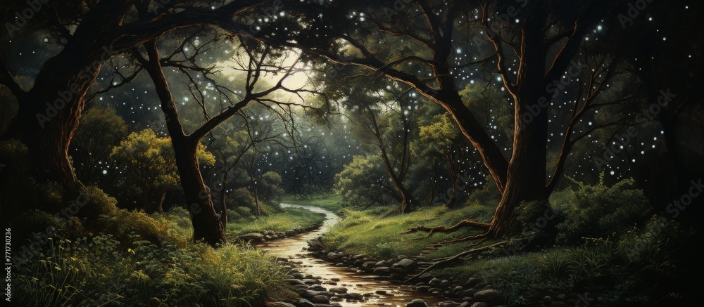 Poster a road cuts through a dense forest of towering trees and lush vegetation, creating a path surrounded