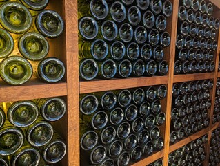 Wine racks, green bottles, wooden