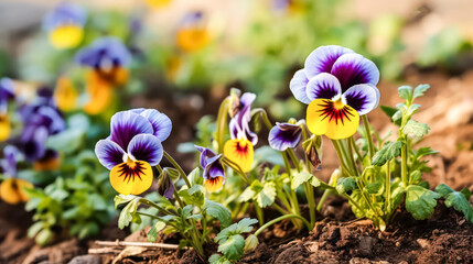 A bunch of purple and yellow flowers are in a garden. The flowers are in a pot and are surrounded...