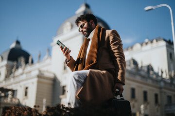Elegant man in a coat and scarf holding a smart phone and briefcase against an architectural...