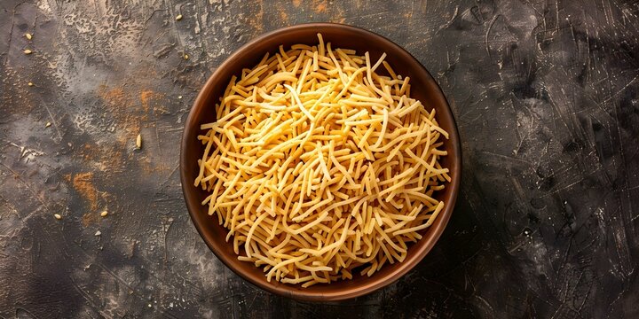 Indian Diwali Snack Namkeen Sev: Perfect for Chaat Dishes like Sev Puri and Bhel Puri with Plenty of Copy Space. Concept Diwali Snacks, Namkeen Sev, Chaat Dishes, Sev Puri, Bhel Puri, Copy Space