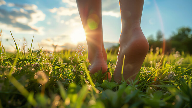 Bare feet touch the first grass in the field, under the shining sun, depicting the arrival of spring, the warmth and beauty of nature. the change of season, the anticipation of summer.