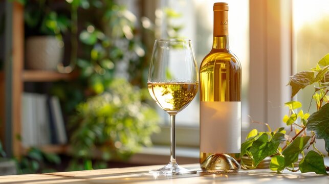 Table with bottle of white wine and glass, home interior background