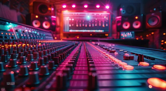 Inside a professional recording studio the control room buzzes with musical creativity. Concept Music Production, Recording Studio, Control Room
