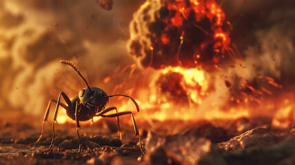 Close-up of black ant, foregrounded against mushroom cloud from nuclear blast, emphasizing contrast between tiny insect and catastrophic event in the background.