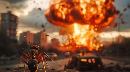 Close-up of black ant, foregrounded against mushroom cloud from nuclear blast, emphasizing contrast between tiny insect and catastrophic event in the background.