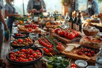 A striking image of a diverse array of ripe tomatoes and other produce laid out on a kitchen counter, symbolizing abundance and choice