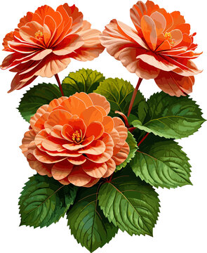 Blooming orange Begona flower illustration, floral design element for card, spring decoration, summer, gardening, botany, backdrop, mother’s day, vintage style, grandmother, greeting card