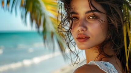 Beautiful girl on the beach under a palm tree, close-up.
