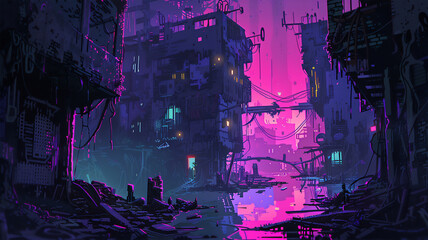 In a post-apocalyptic landscape, neon-lit cyberpunk swamp, purple hues, dystopian decay, futuristic, eerie, immersive environment.