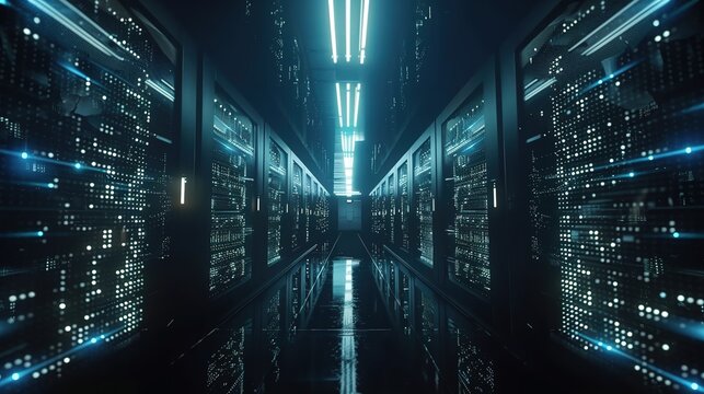 Modern Data Technology Center Server Racks in Dark Room with VFX. Visualization Concept of Internet of Things, Data Flow, Digitalization of Internet Traffic. Complex Electric Equipment Warehouse.