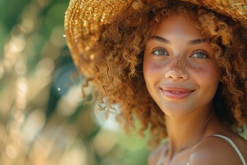 Radiant woman with curly hair and freckles smiles beneath a bohemian summer hat