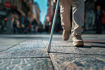 Blind person with a white cane walks along the sidewalk of a city street, focus on a white cane and legs, low-angle view - obrazy, fototapety, plakaty