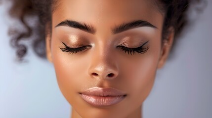 Fototapeta premium Serene Beauty: Close-up of a Young Woman with Perfect Skin. Ethereal and Natural, Ideal for Beauty Concepts. Tranquil and Stylish Portrait. AI