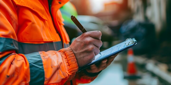 Supervisor taking notes during a safety audit at a work site Closeup shot of hand. Concept Worksite Safety Audit, Supervisor Note-Taking, Closeup Shot, Hand Detail, Occupational Health