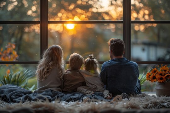 A heartwarming image capturing a family of four sitting by the window, gazing at the sunset, evoking warmth and togetherness