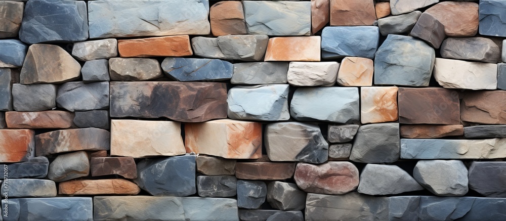 Poster a close up of a rectangular stone wall made of various colored rocks, creating a striking and unique