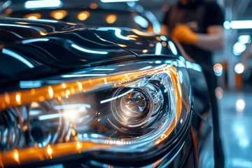 Afwasbaar Fotobehang Motorfiets Close-up of the headlights of a car being polished to remove dust, car headlights polish service, car headlights cleaning, car cleaning service, car washing, car light cleaning, automobile detailing 