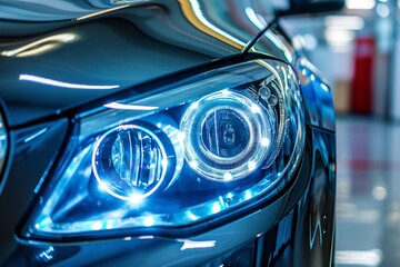 Close-up of the headlights of a car being polished to remove dust, car headlights polish service,...