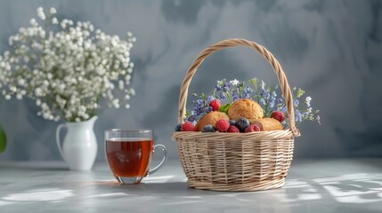 Fototapeta na wymiar A basket of fresh fruit, a steaming cup of tea, and a bouquet of baby's breath on the table