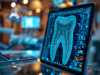 3D tooth hologram floating on top of an iPad with dental tech data graphs and AI touch screen elements.2