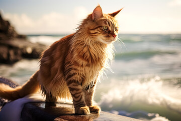 A cat with long fur is sitting on a ledge near the water. - obrazy, fototapety, plakaty