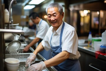 Older asian man washing dishes in a restaurant kitchen.