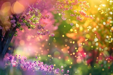 Beautiful season image with colored spring flowers trees in a colorful blurred background .
