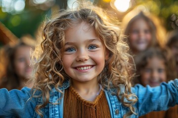 Cheerful young girl with beautiful curls and a big smile surrounded by her friends - obrazy, fototapety, plakaty