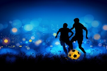 Silhouettes of two soccer players, one with a ball at feet, engage in a match against a backdrop of dazzling city lights and a deep blue sky. Outlined figures in an urban twilight setting,