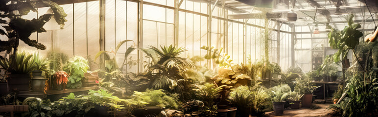 A greenhouse filled with plants and trees. The plants are in pots and the greenhouse is very large - obrazy, fototapety, plakaty