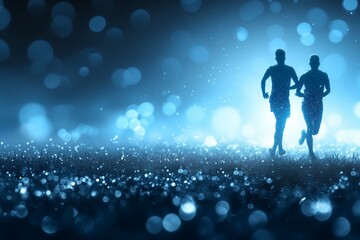 Runners stride through a field of glowing dew, a blanket of stars at their feet, merges with cosmic space. Joggers in silhouette against a nocturnal backdrop aglow with countless luminescent specks - obrazy, fototapety, plakaty